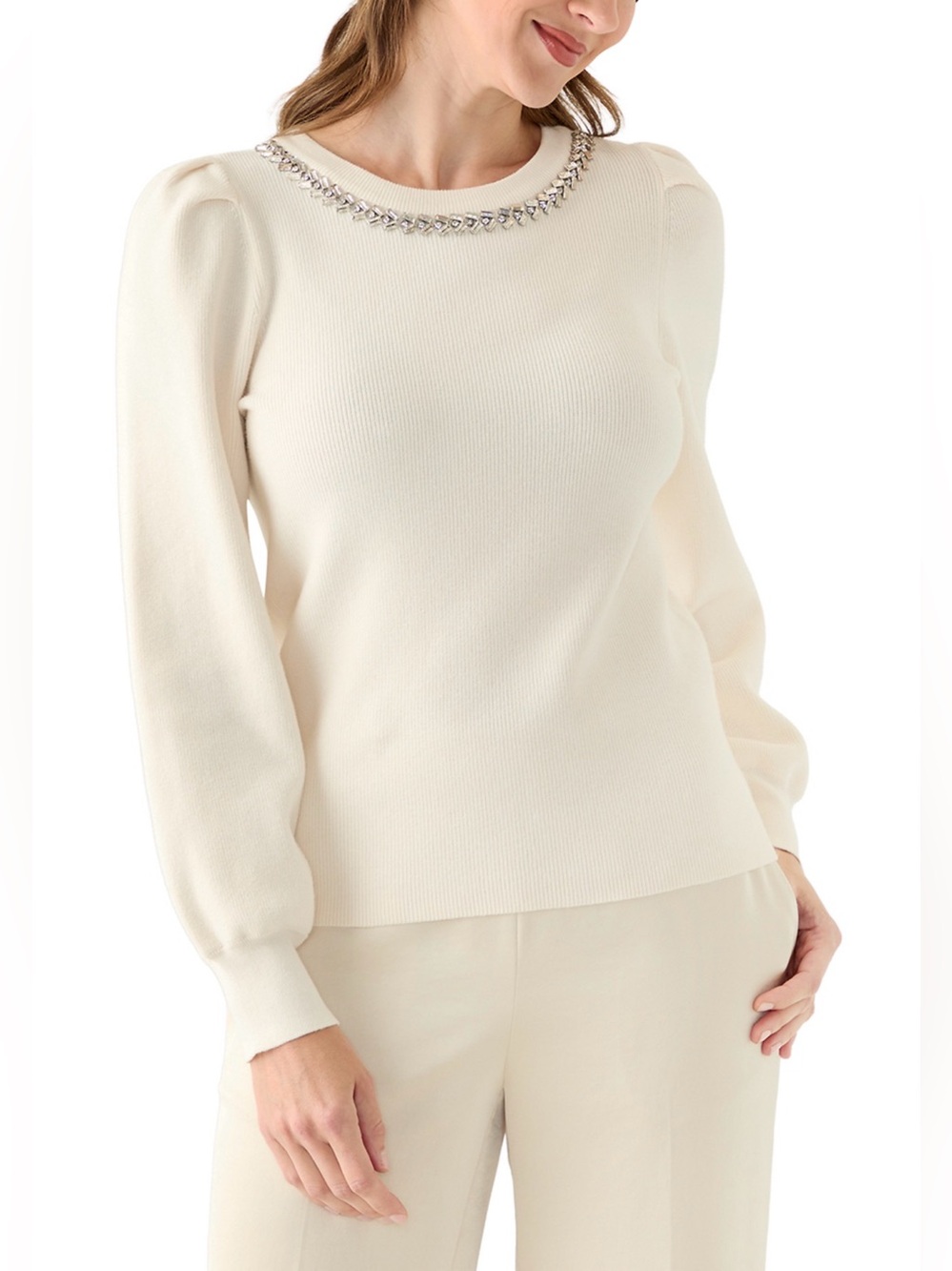 AK ANNE KLEIN Women’s Cream Jewel-Neck Long-Sleeve Knit Top In White Dove. NWT